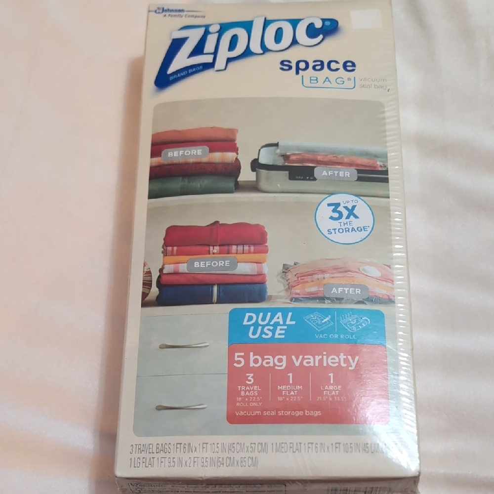 Sealed Ziploc Space Bags 5 Count Variety Pack 3 Travel 1 Large & Medium Flat